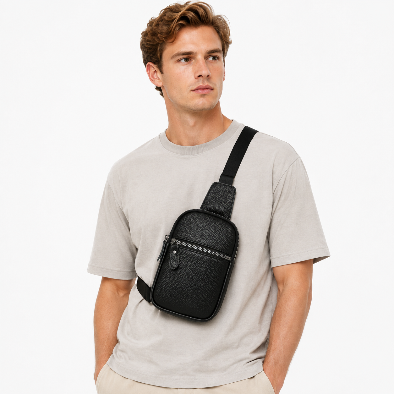 Brystveske i Ekte Kuskinn for Herre – Kompakt Crossbody Veske med Flere Glidelåslommer