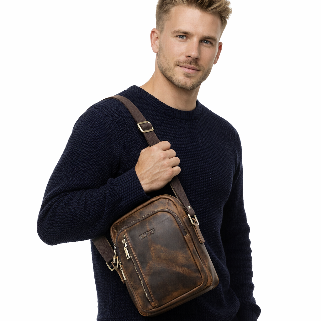 Liten Crossbody Veske i Ekte Skinn – Vintage Sling Bag for iPad Mini (8,3")