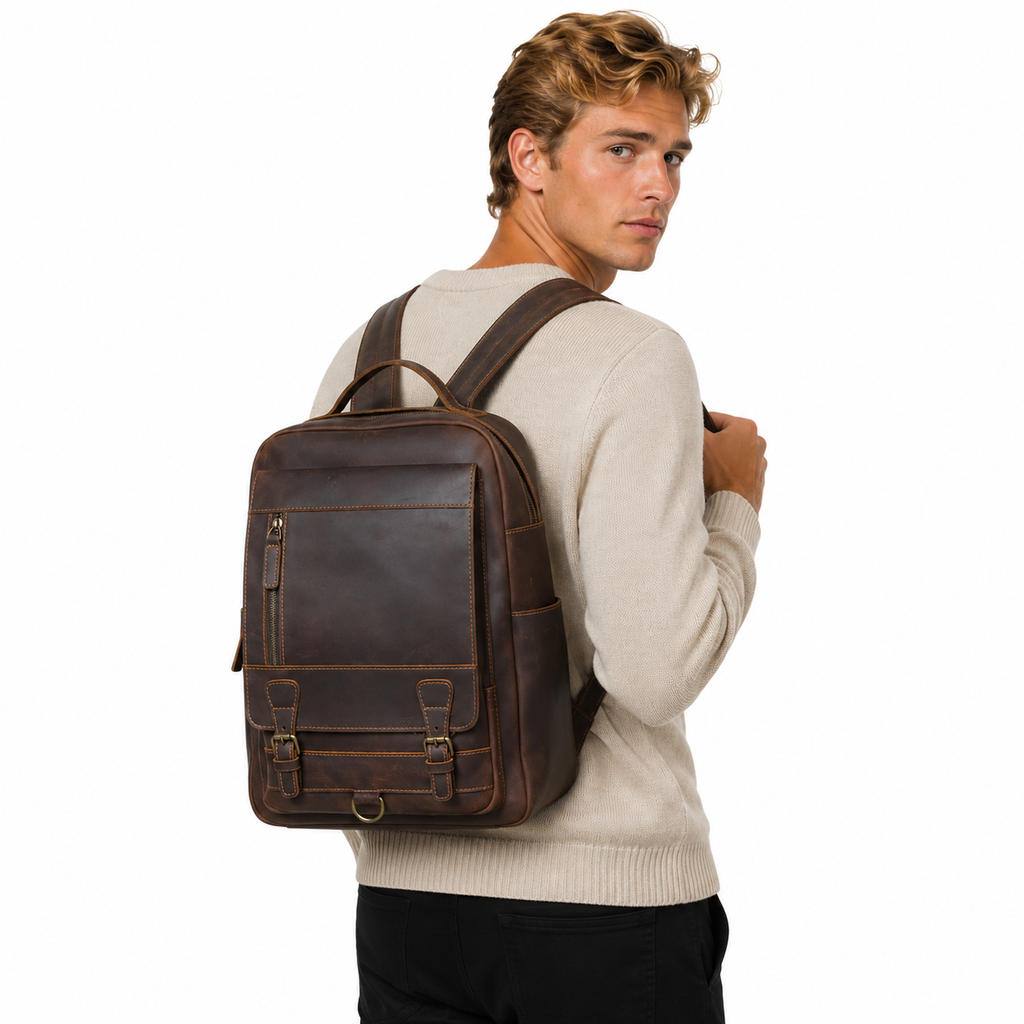 Vintage Skinnryggsekk i Crazy Horse-skinn – Laptop- og Reiseveske