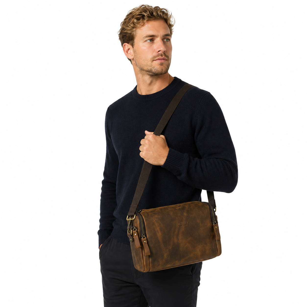 Liten Skinn Crossbody Veske til Herre – Vintage Crazy Horse Design
