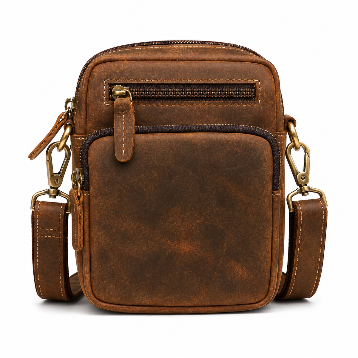 Liten Crossbody Veske i Ekte Skinn for Herre – Vintage Messenger Bag med Glidelås