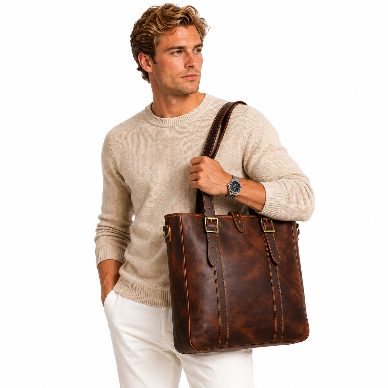 Vintage Dokumentveske i Ekte Skinn – Unisex Laptopveske i Kuskinn 14”