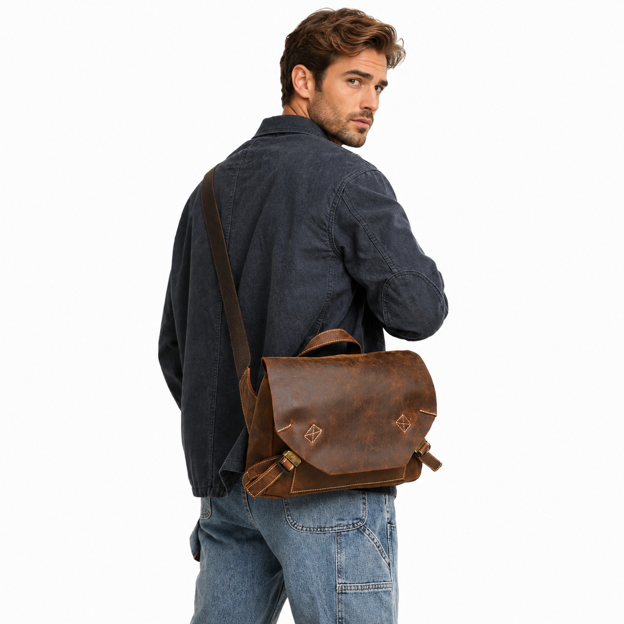 Retro Crossbody Veske i Ekte Kuskinn til Herre – Stor Messenger Bag