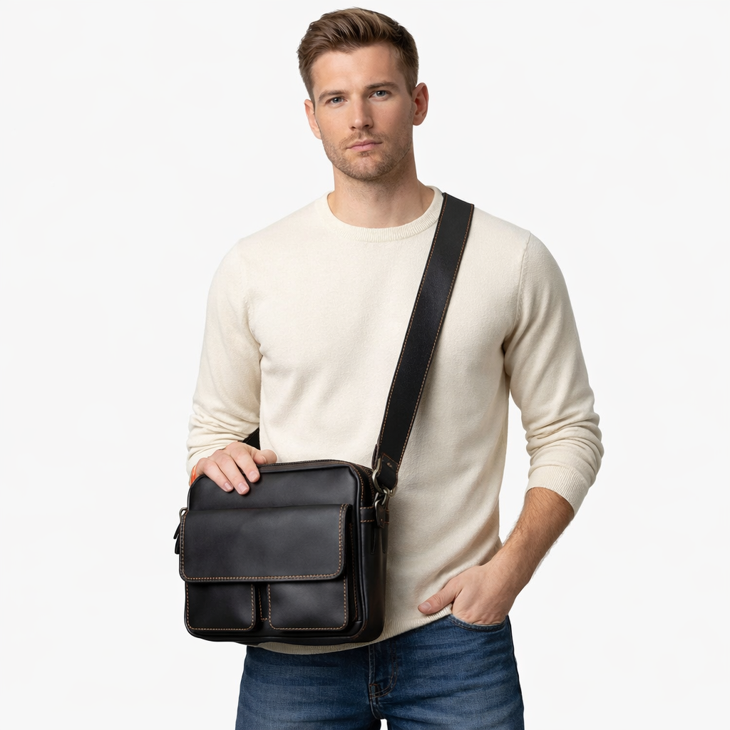 Retro Skulderveske i Skinn – Klassisk Messenger Bag med Plass til 9" Nettbrett