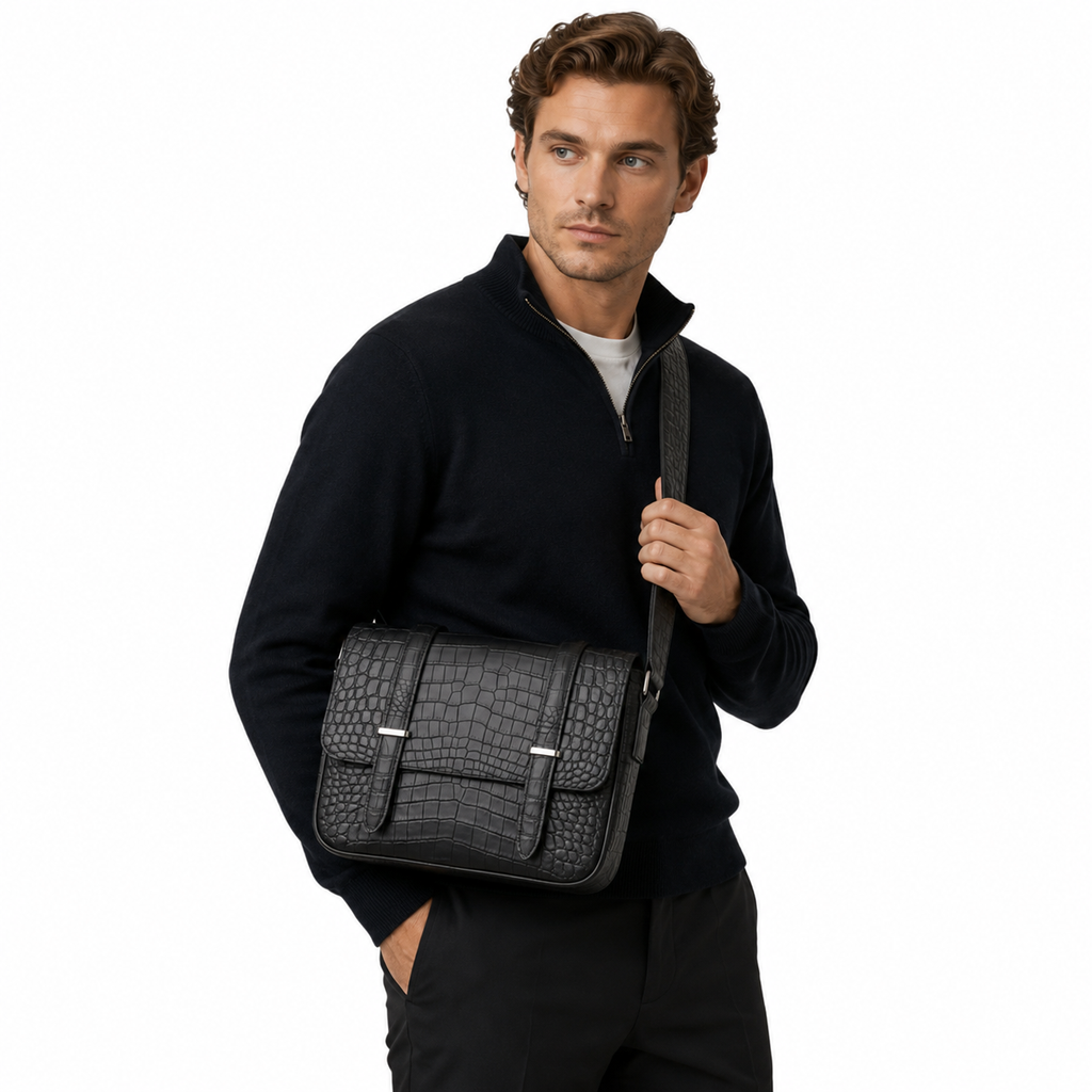 Messenger Bag i Krokodillemønstret Skinn til Herre – Eksklusiv Satchel Veske