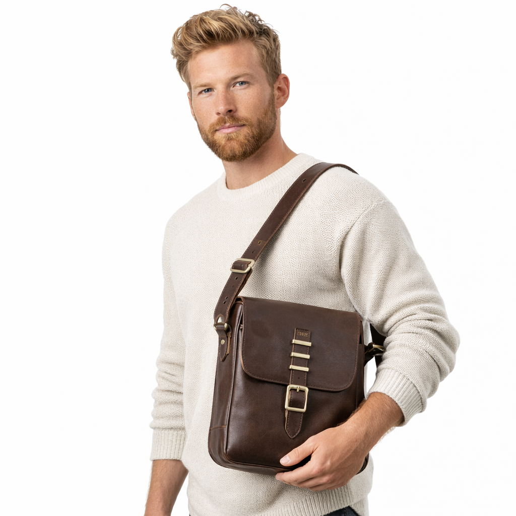 Crossbody Skinnveske for Menn – Elegant Sling Bag med Plass til 7,9" Nettbrett