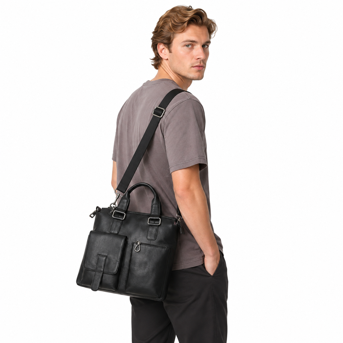 Retro Businessveske i Ekte Kuskinn for Herre – Vertikal Briefcase og Messengerbag