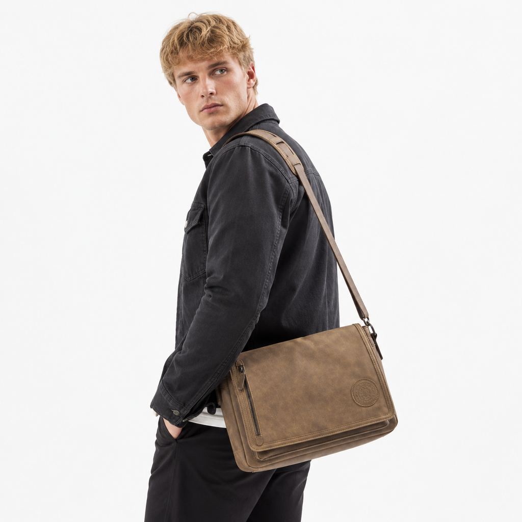 Vintage Messenger Bag for Herre – Romslig Crossbody Skulderveske med Klaff