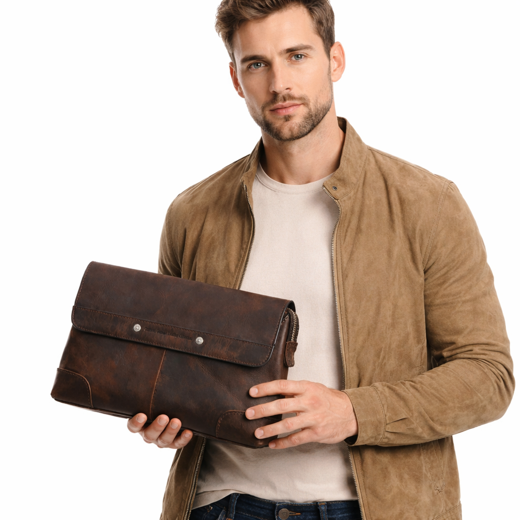 Luksuriøs Clutch i Ekte Skinn – Stor Lommebok med Plass til iPad Mini