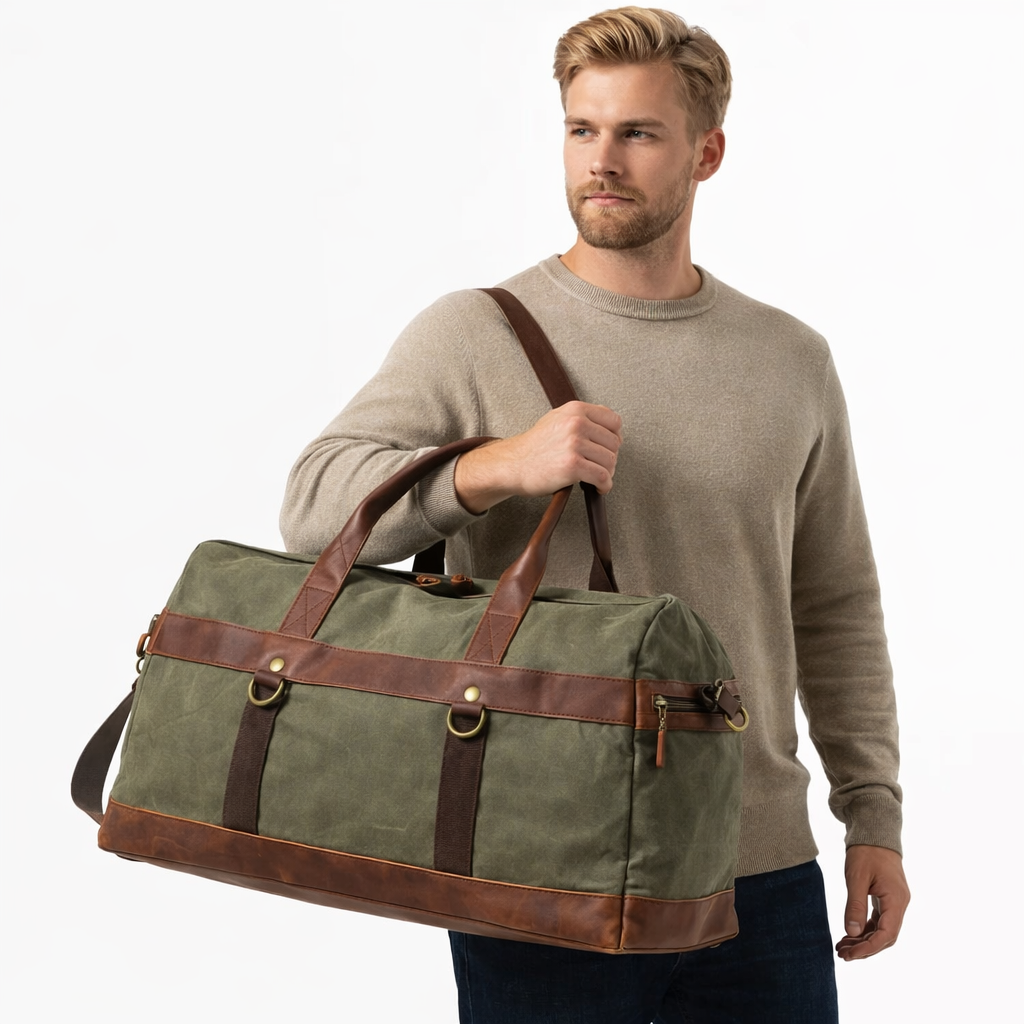 Vintage Weekendbag i Vokset Canvas og Skinn – Stor Reisebag for Håndbagasje