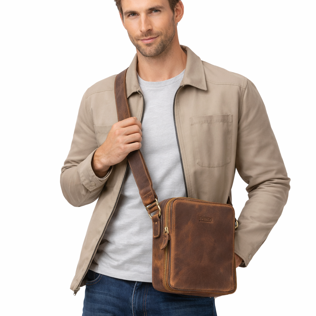 Vintage Skulderveske i Ekte Skinn – Klassisk Messenger Bag for Menn