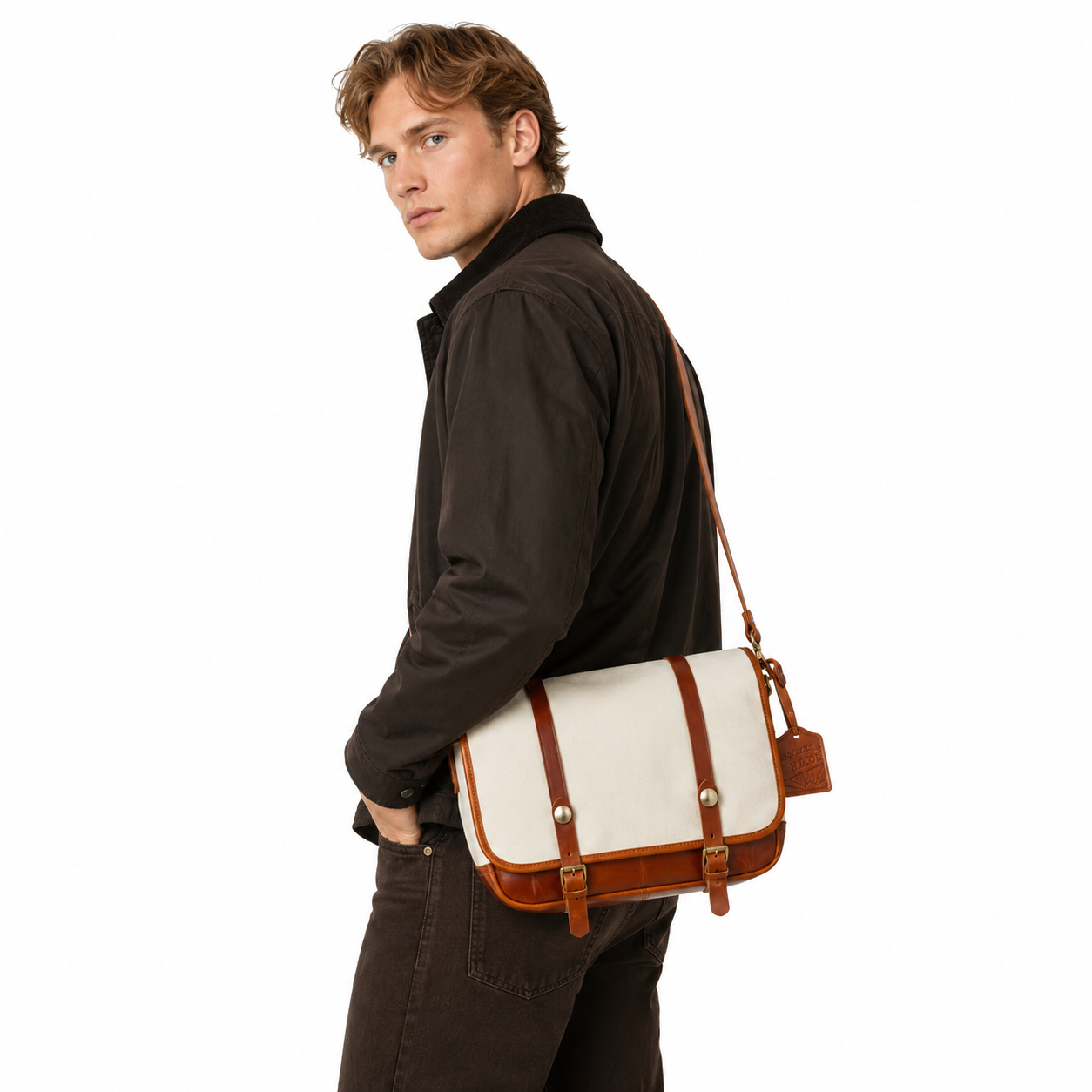 Vintage Messenger Bag i Canvas og Ekte Skinn – Stor Laptopveske til Herre