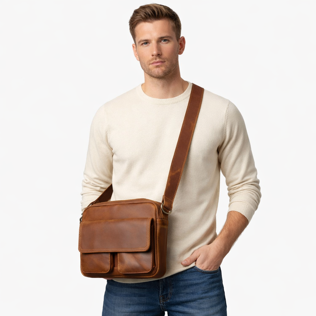 Retro Skulderveske i Skinn – Klassisk Messenger Bag med Plass til 9" Nettbrett