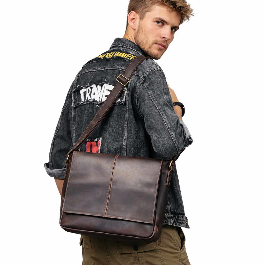 Vintage Messenger Bag i Ekte Skinn – Håndlaget Crazy Horse Skulderveske
