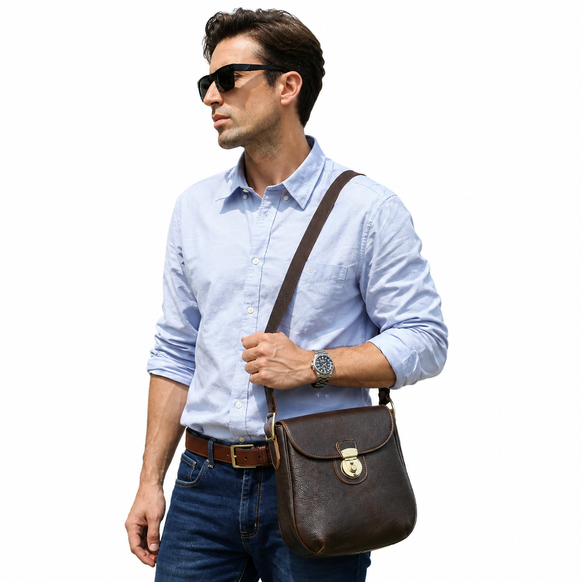 Crossbody Veske i Fullnarvet Ekte Skinn for Herre – Messenger Bag med Trykklås