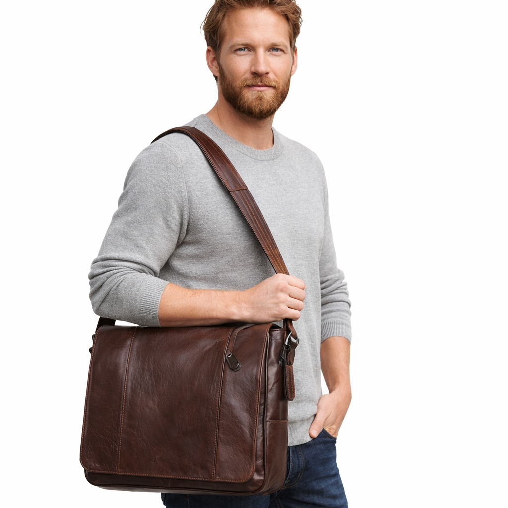 Skulderveske i Oljebehandlet Skinn – Vintage Messenger Bag for Herre