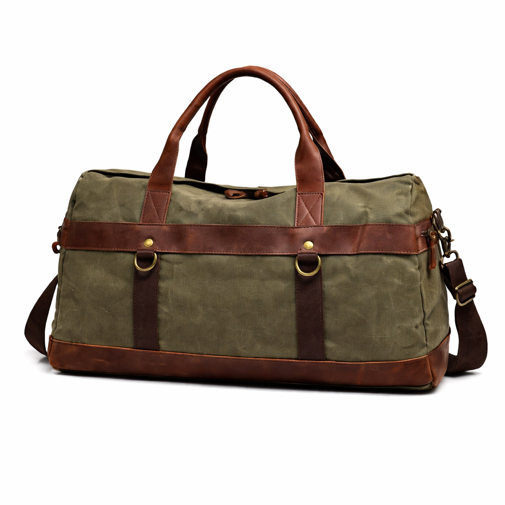 Vintage Weekendbag i Vokset Canvas og Skinn – Stor Reisebag for Håndbagasje