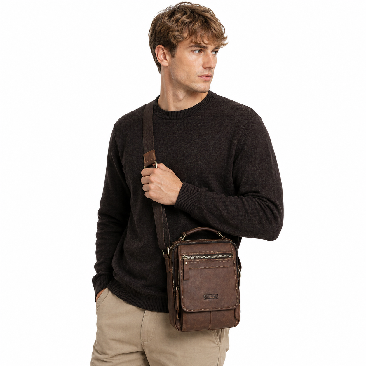 Vintage Messenger Bag i Crazy Horse-skinn – Kompakt Crossbody Veske til Herre