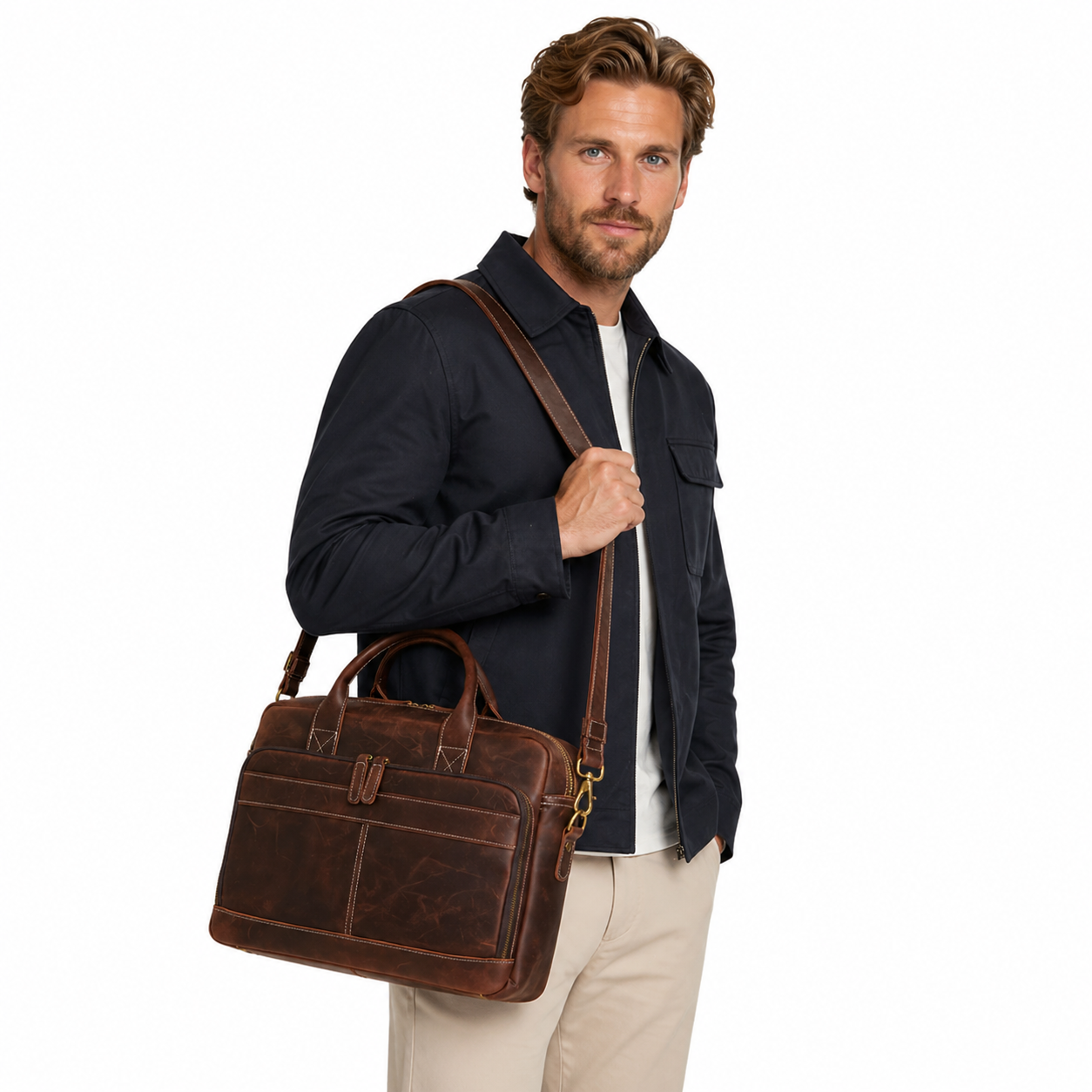 Skinn Briefcase til Herre – Vintage Laptopveske i Crazy Horse Skinn