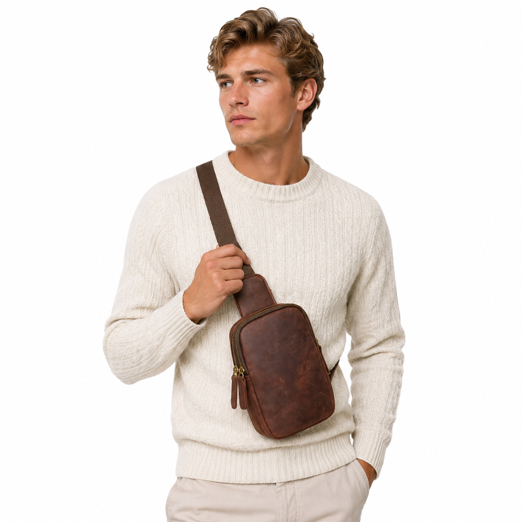 Vintage Chest Bag i Crazy Horse-skinn til Herre – Retro Sling Crossbody Veske