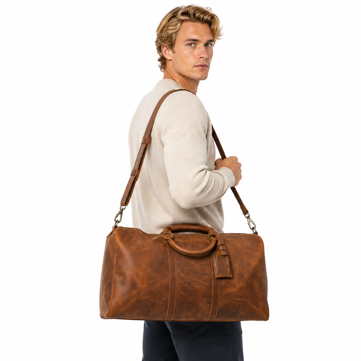 Vintage Reisebag i Fullnarvet Skinn for Herre – Stor Weekender Duffelbag