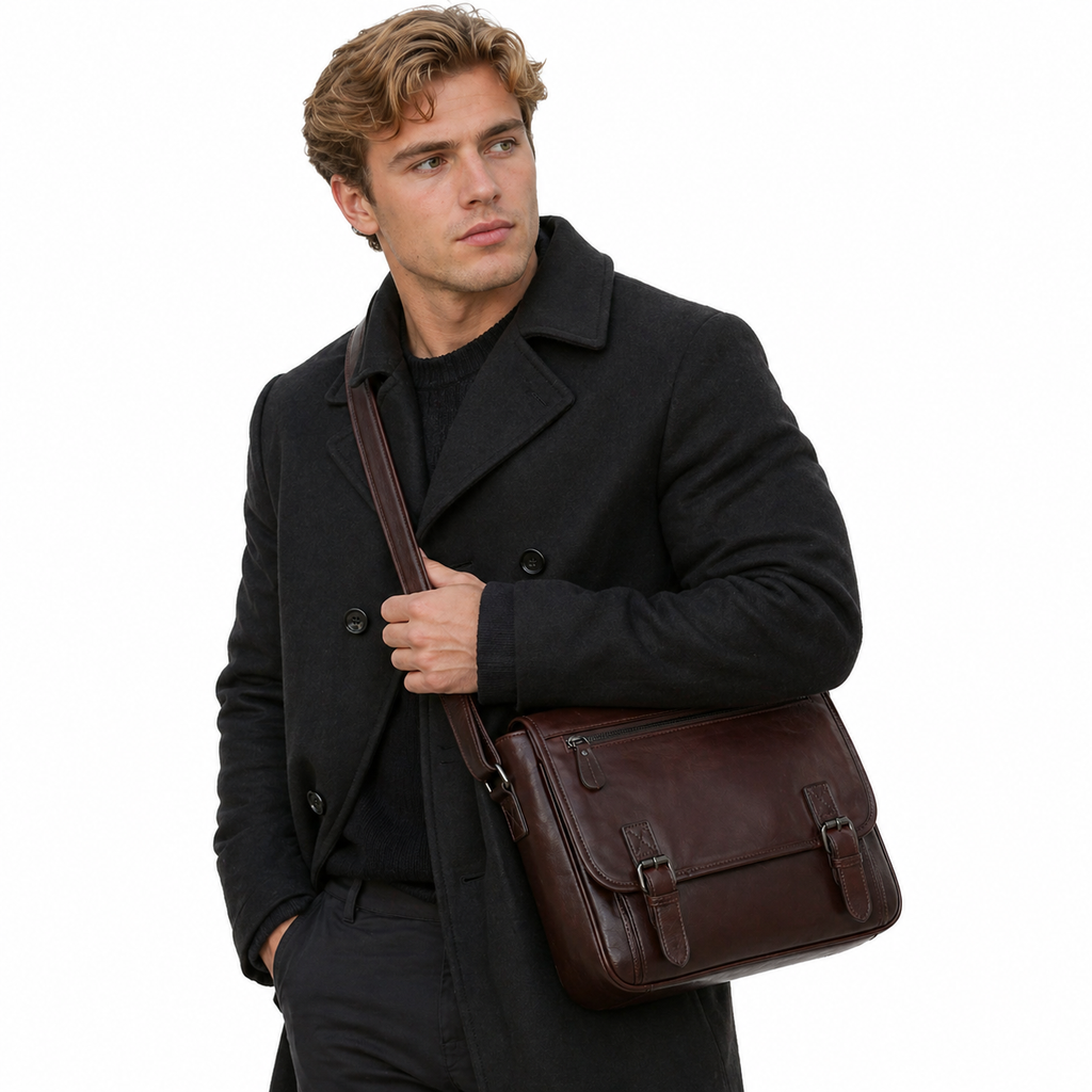 Skinn Crossbody Veske til Herre – Stor Kapasitet & Retro Stil