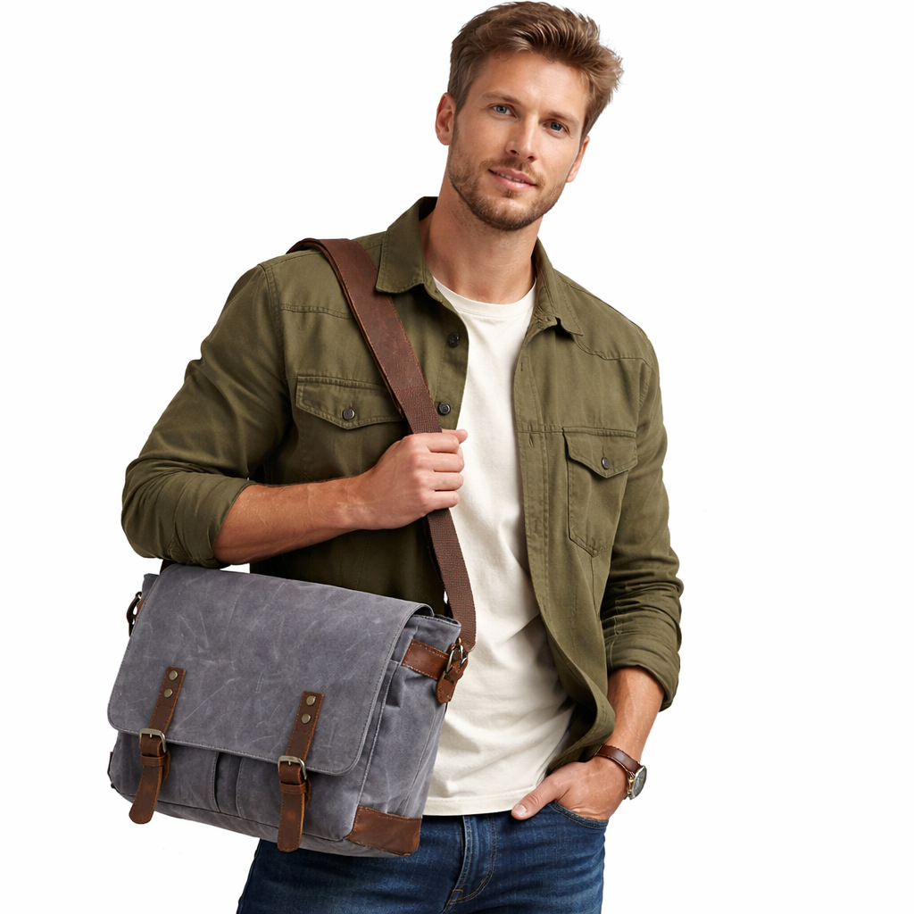 Retro Canvas Skulderveske for Menn – Crossbody Laptopveske med Skinndetaljer