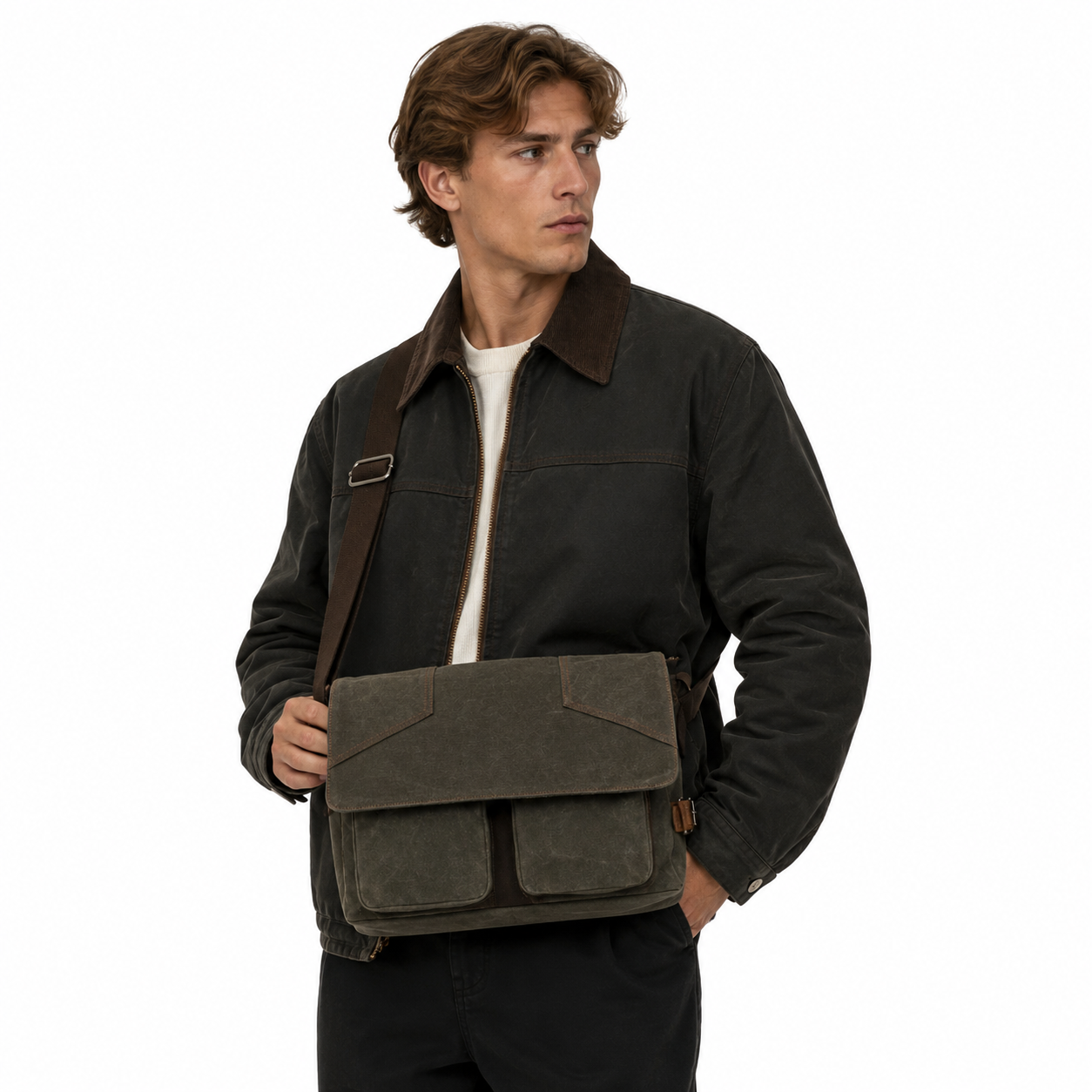 Vintage Canvas Messenger Bag til Herre – Skulderveske med Skinn Detaljer og Laptopplass