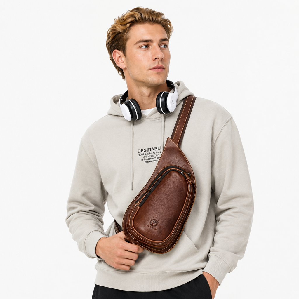Crossbody Brystveske i Crazy Horse Skinn for Herre – Multifunksjonell Mobil- og Kortveske