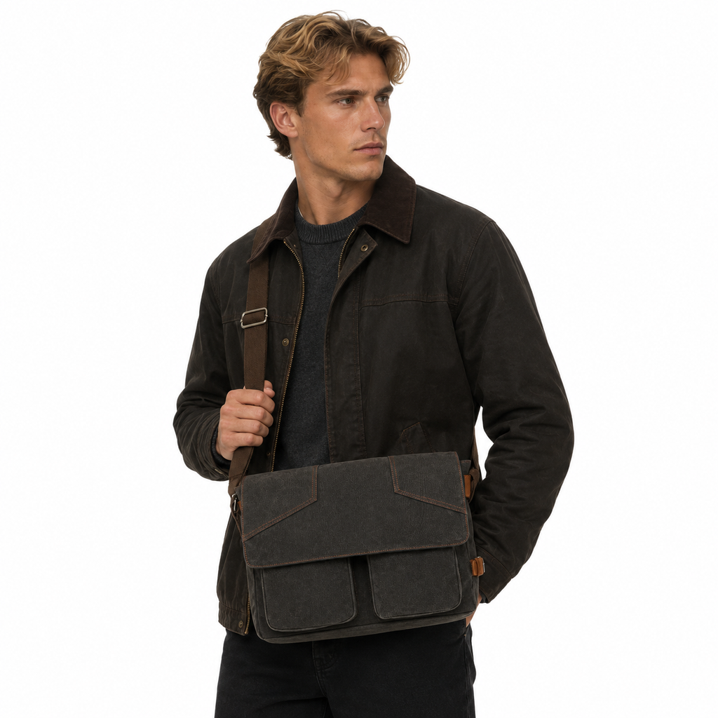 Vintage Canvas Messenger Bag til Herre – Skulderveske med Skinn Detaljer og Laptopplass