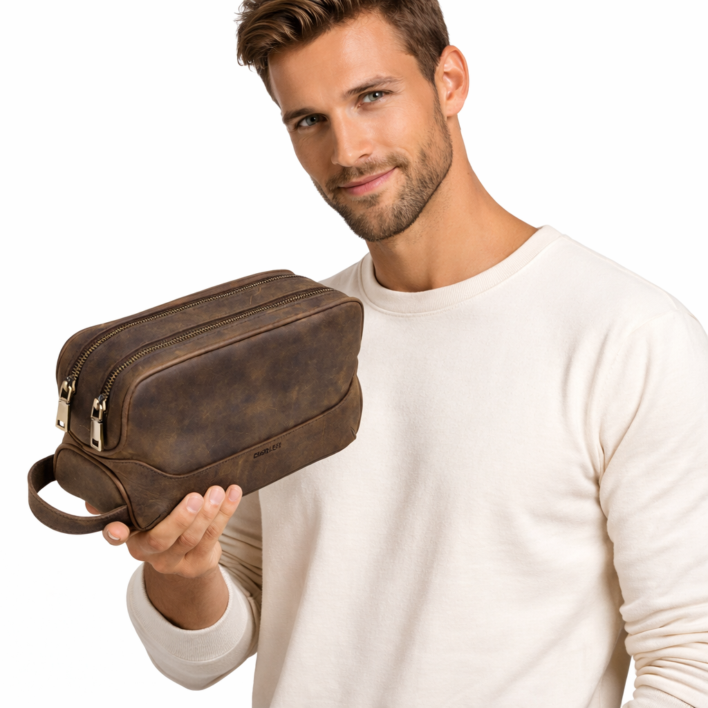 Toalettmappe i Crazy Horse Skinn – Vintage Reiseorganizer for Menn