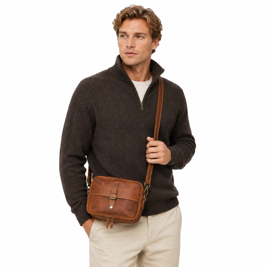 Skulderveske i Ekte Crazy Horse-skinn til Herre – Casual Crossbody Chest Bag