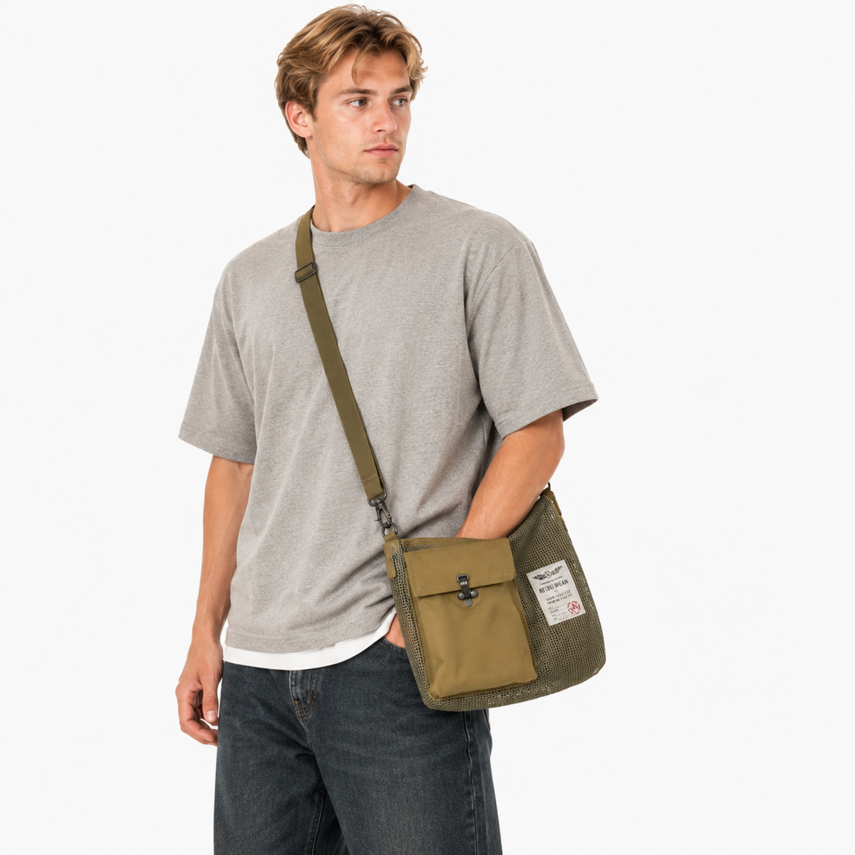 Grønn Crossbody Veske for Herre – Lett Mesh Messengerbag med Justerbar Stropp