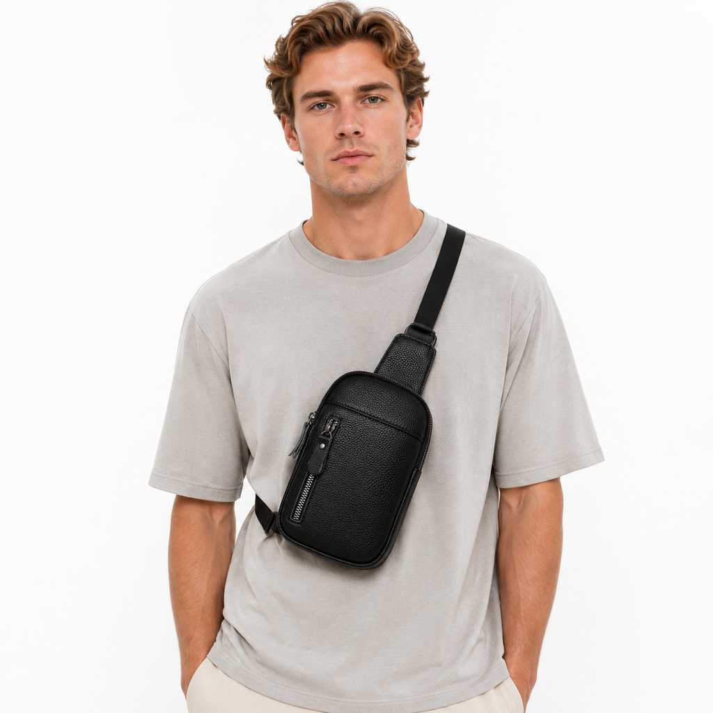 Brystveske i Ekte Kuskinn for Herre – Kompakt Crossbody Veske med Flere Glidelåslommer