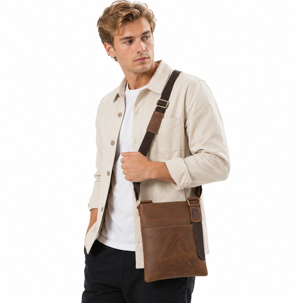 Vintage Crossbody Veske i Kuskinn for Herre – Liten Messenger Bag i Crazy Horse-skinn