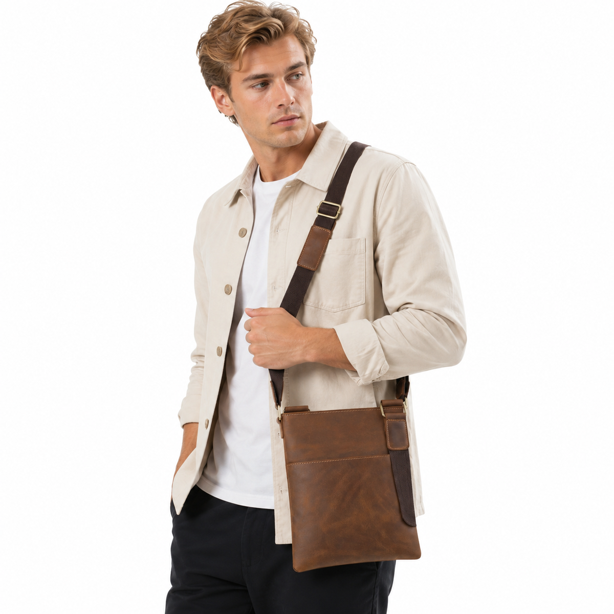 Vintage Crossbody Veske i Kuskinn for Herre – Liten Messenger Bag i Crazy Horse-skinn