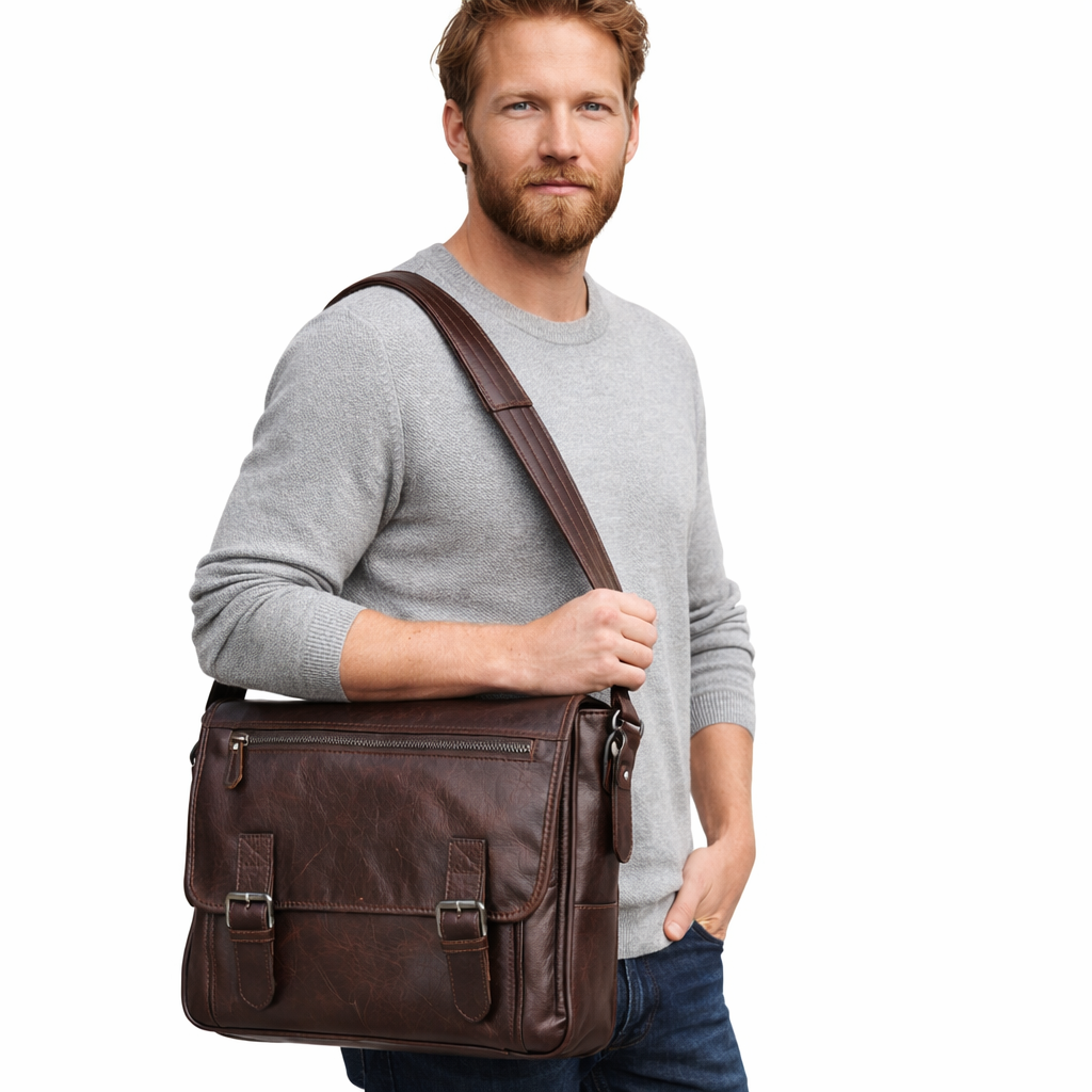 Skulderveske i Oljebehandlet Skinn – Vintage Messenger Bag for Herre