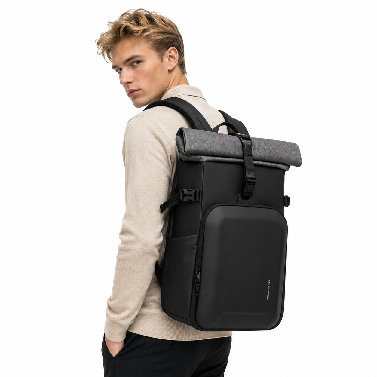 Laptopryggsekk med Roll-Top til Herre | Tyverisikker 15,6" Ryggsekk med Stor Kapasitet