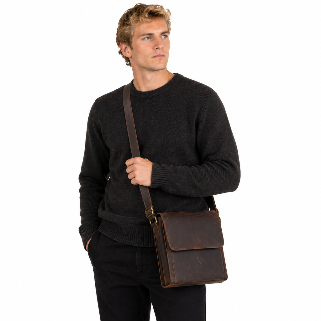 Skinn Crossbody Veske til Herre – Vintage Crazy Horse Medium Størrelse
