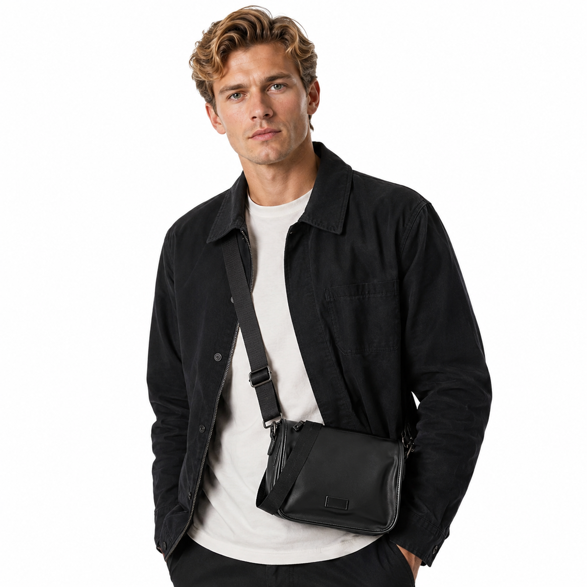 Crossbody Skulderveske i PU-skinn for Herre – Kompakt Messengerbag med Mobillomme