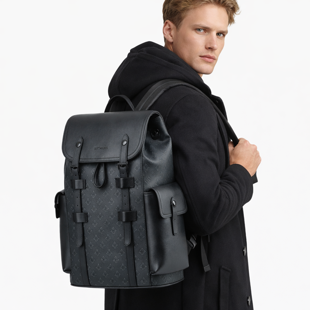 Monogram Ryggsekk i Skinnlook – Business Sekk med Snøring og Laptoprom