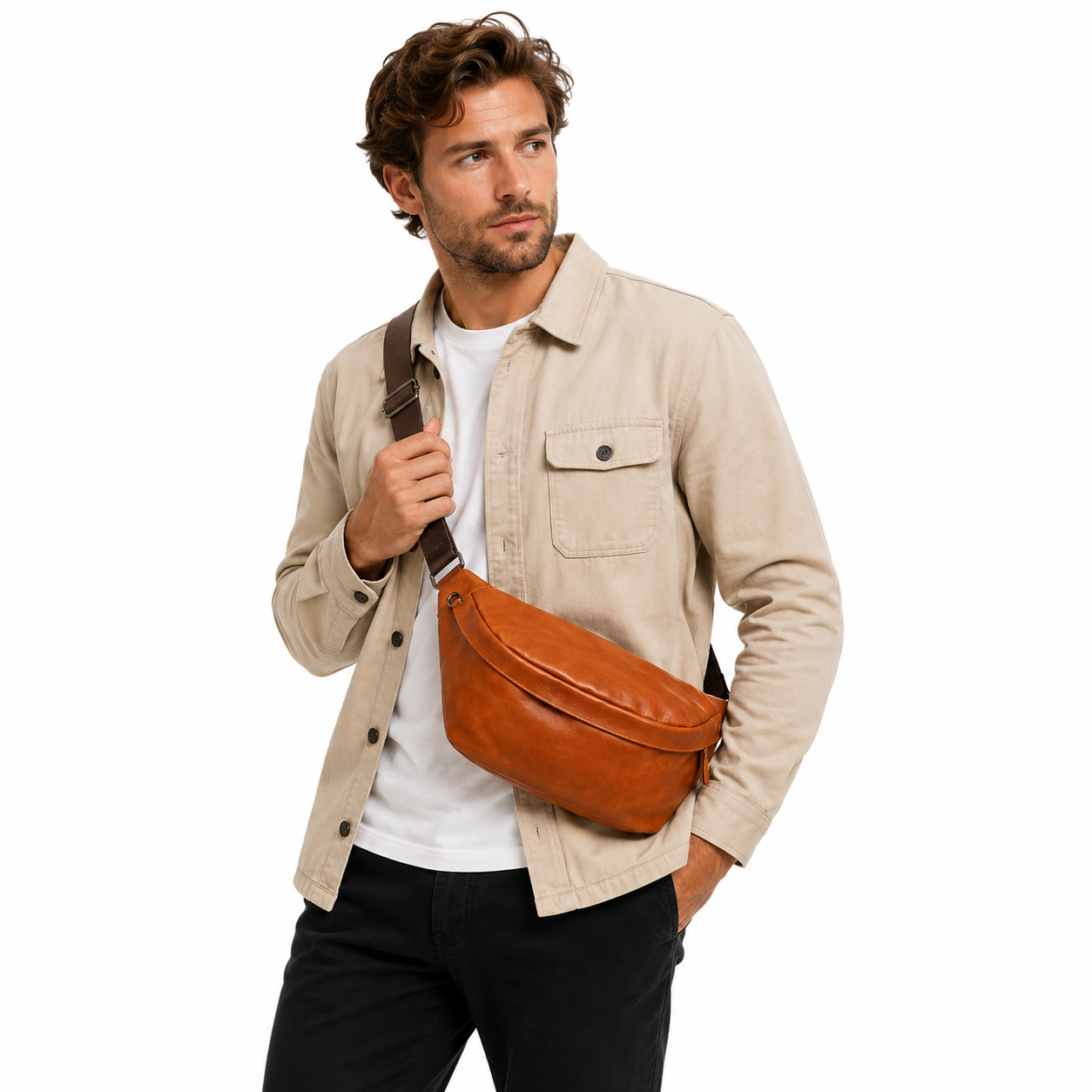 Vintage Brystveske i Ekte Skinn til Herre – Stor Crossbody-veske med God Oppbevaringsplass