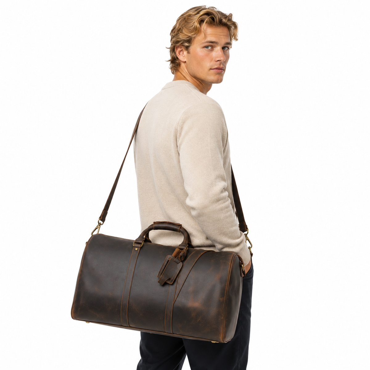 Vintage Reisebag i Fullnarvet Skinn for Herre – Stor Weekender Duffelbag