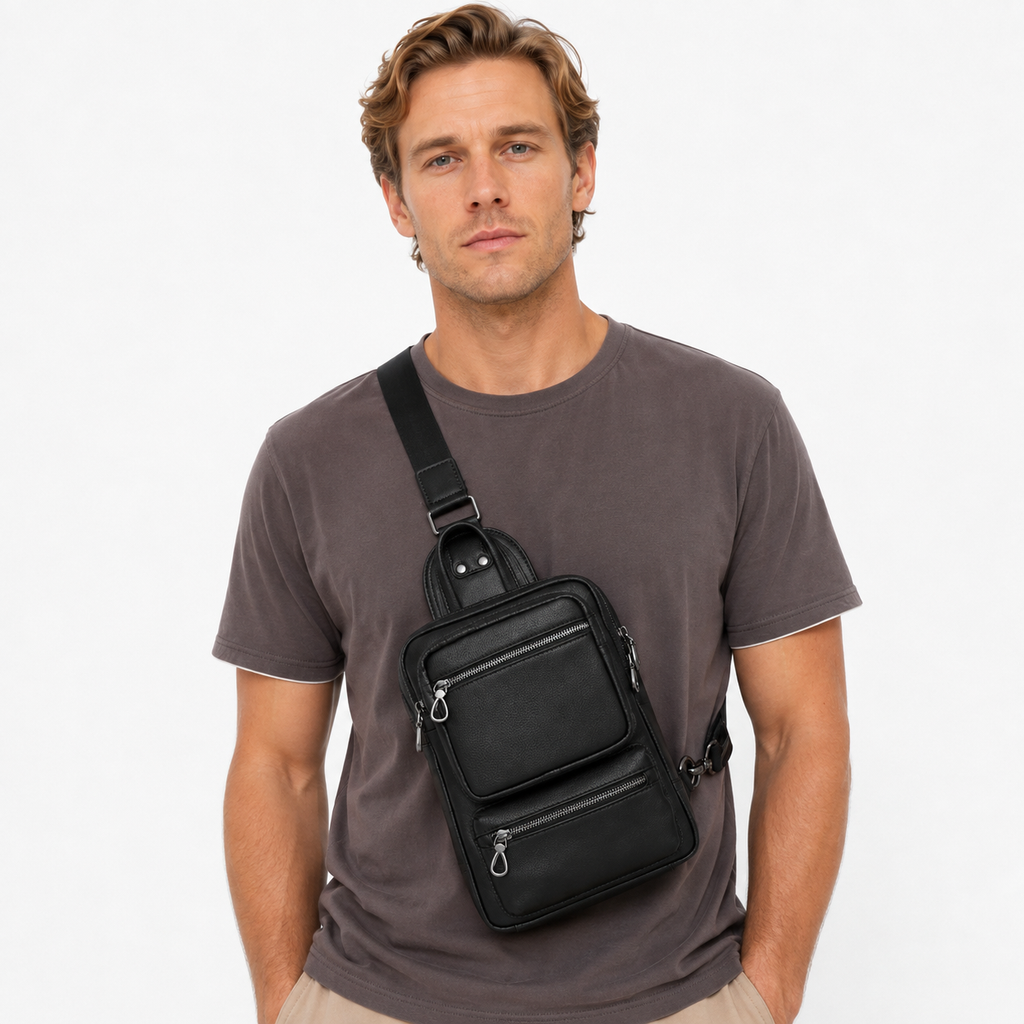 Brystveske i Fullnarvet Ekte Kuskinn for Herre – Stor Crossbody Veske til 10" iPad