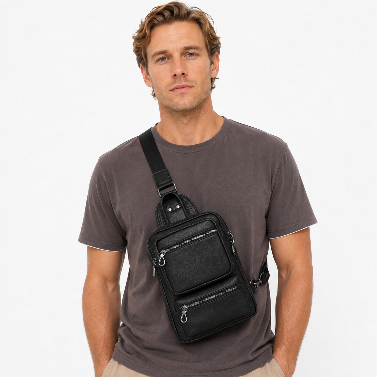 Brystveske i Fullnarvet Ekte Kuskinn for Herre – Stor Crossbody Veske til 10" iPad