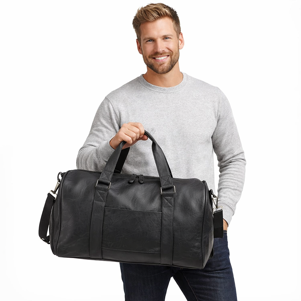 Reise- og Treningsbag i Skinn – Duffelbag med Skorom og Stor Kapasitet