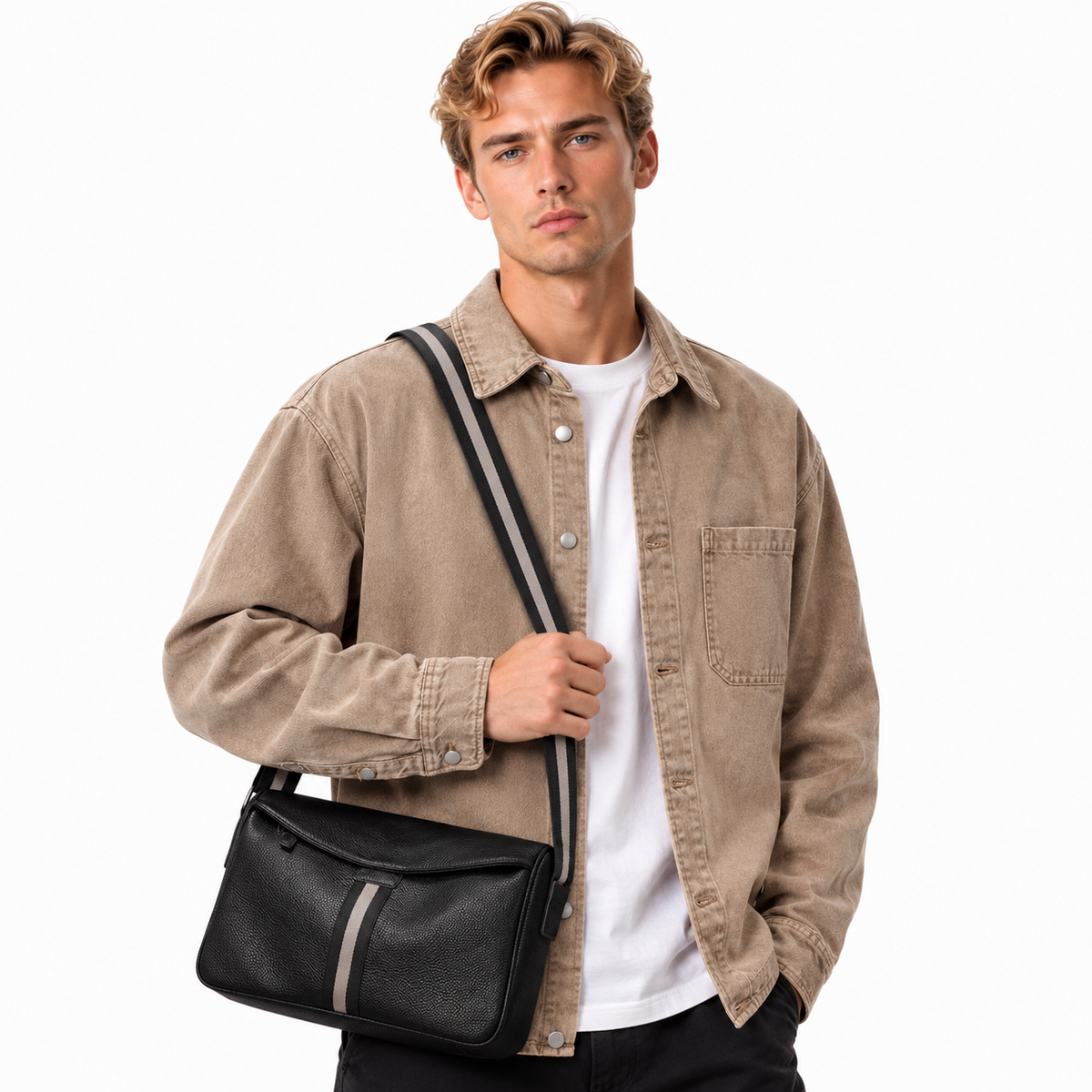 Stripet Crossbody Veske i Mykt Skinn for Herre – Elegant Skulderveske