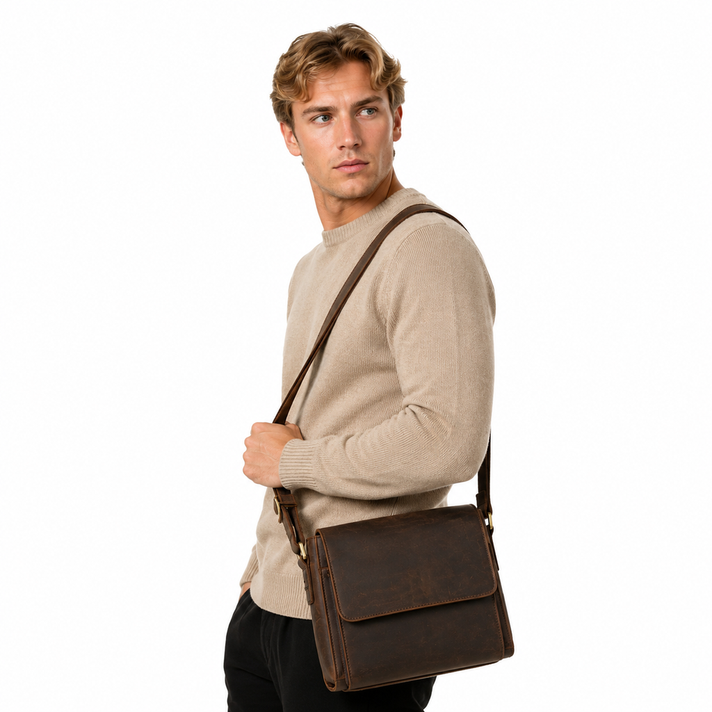 Vintage Crossbody Veske i Ekte Skinn til Herre – Casual Sling Bag