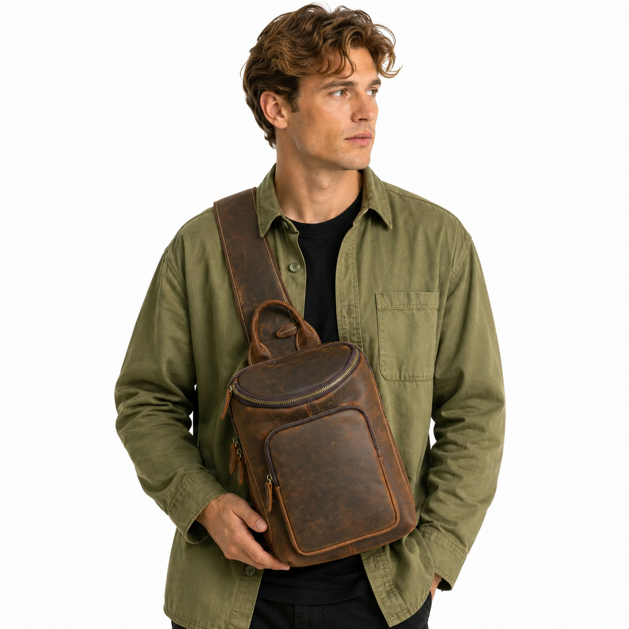 Retro Chest Bag i Ekte Skinn til Herre – Stor Crossbody Sportsveske