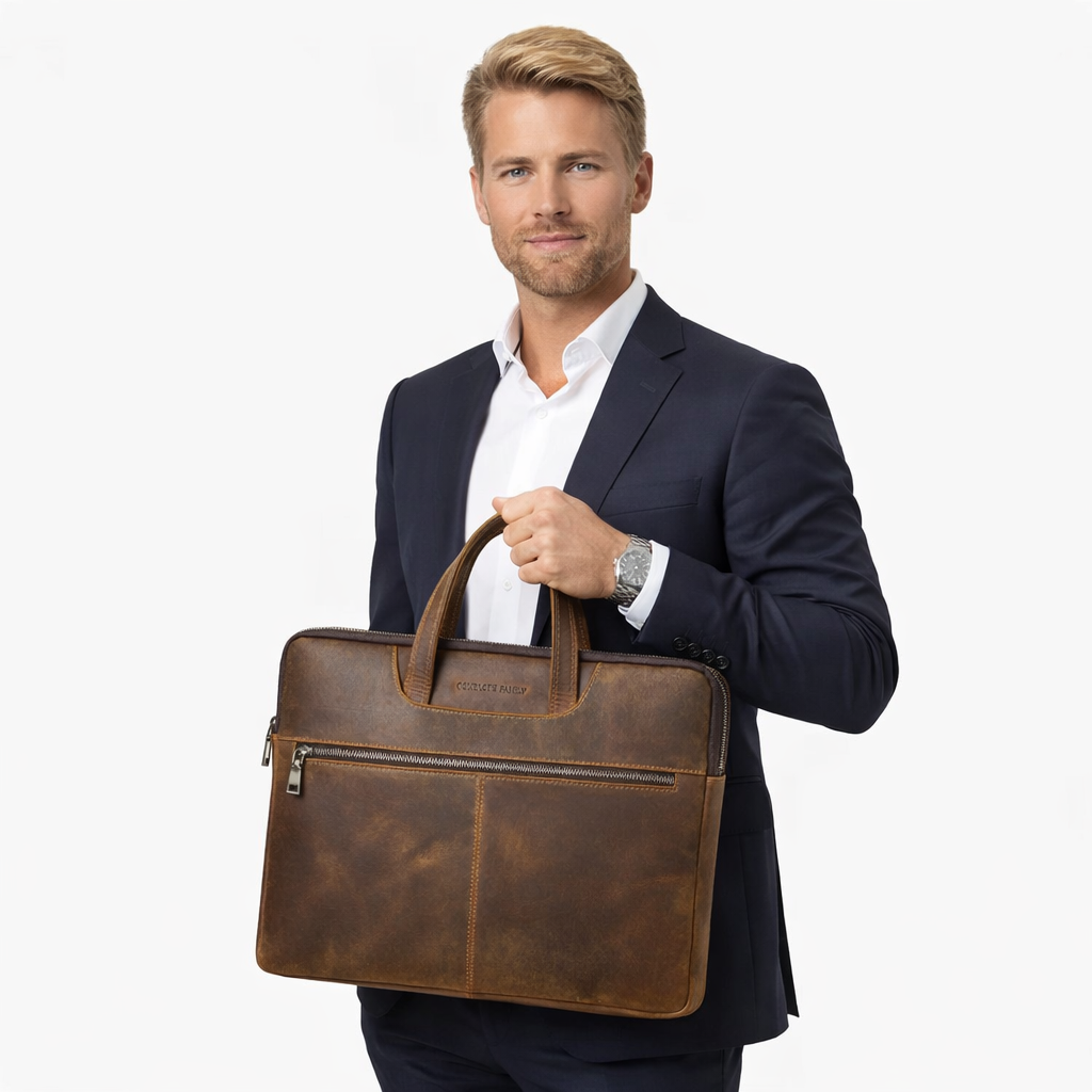 Laptopveske i Crazy Horse Skinn 15–16" – Vintage Business Veske for Herre